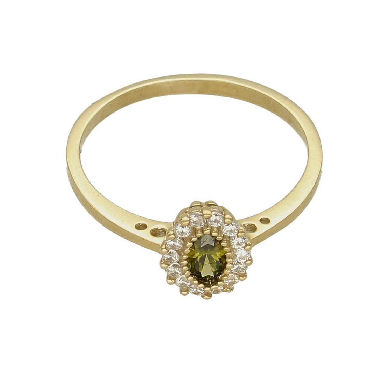 Złoty pierścionek 585 owalny z oliwinem PI 6045D. Żółte złoto, charakteryzuje się ciepłym, subtelnym lśnieniem. Pierścionek został wykonany z najwyższej jakości złota próby 333. Waga pierścionka wynosi około 1,47 gram (3).jpg